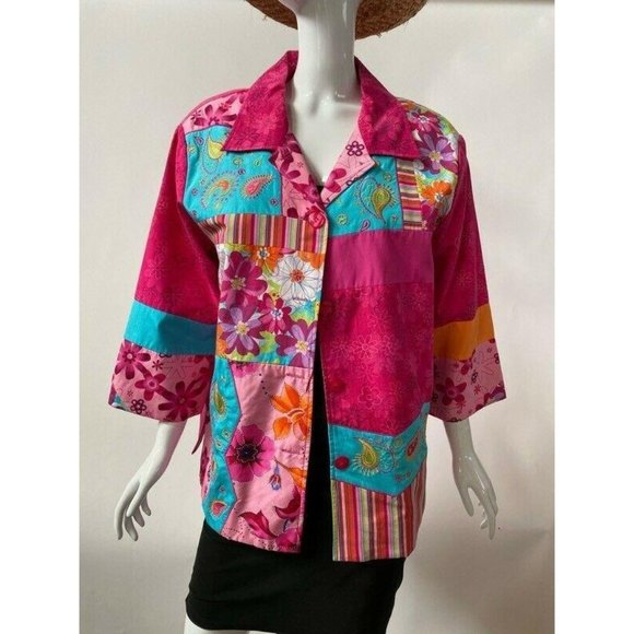 Diane Gilman Womens Silk Blend Jacket Pink Turquoi - Picture 1 of 10